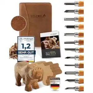 Schnitzmesser Set Holzheld 17-teilig mit Ledertasche und Holzrohling