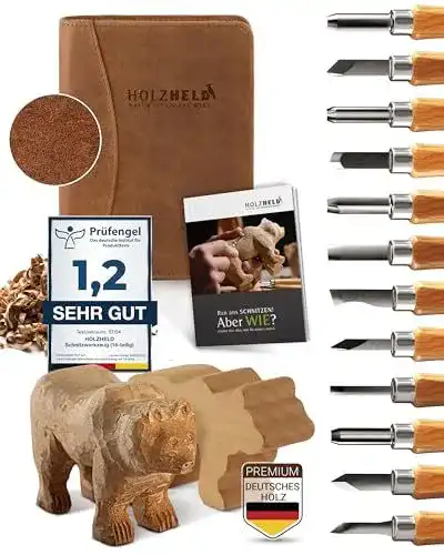 Schnitzmesser Set Holzheld 17-teilig mit Ledertasche und Holzrohling