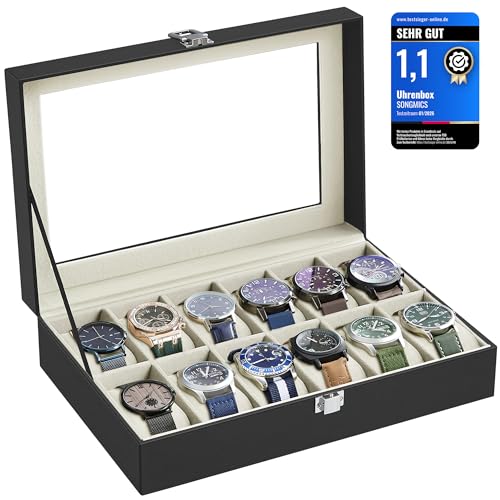 Uhrenbox SONGMICS mit 12 Fächern und Glasdeckel zur Uhrenaufbewahrung