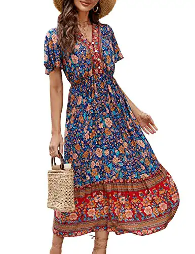 Boho-Kleid Clearlove Damen Sommerkleid Kurzarm Midi