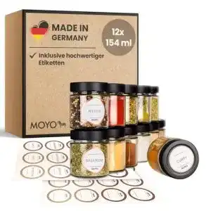 Moyo Gewürzgläser Set mit 12 hochwertigen Gewürzdosen
