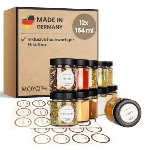 Moyo Gewürzgläser Set mit 12 hochwertigen Gewürzdosen