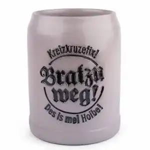 Bayerischer Steinbierkrug Meinherzschlag mit Aufdruck ‚Bratzn weg‘