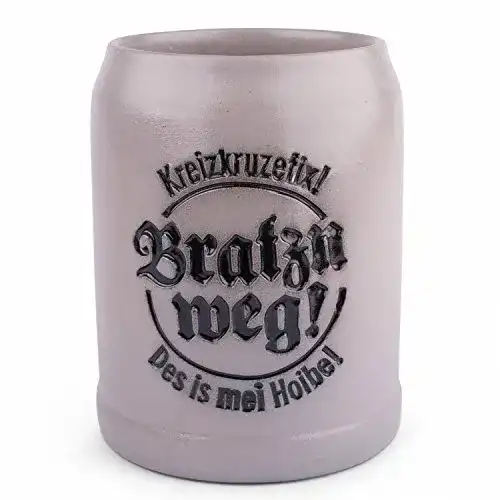 Bayerischer Steinbierkrug Meinherzschlag mit Aufdruck ‚Bratzn weg‘