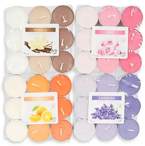 Levandeo Duft-Teelichter Set mit 72 Stück in Lavendel, Rose, Vanille und Orange