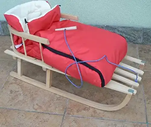 Holzschlitten mit Rückenlehne und Winterfußsack 90 cm
