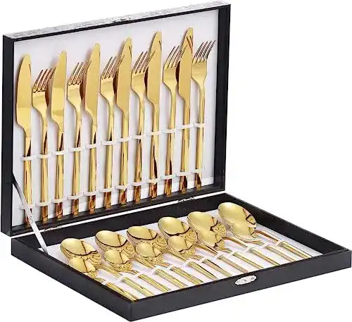 Velaze Besteckset Gold für 6 Personen, 24-teiliges Set aus Edelstahl