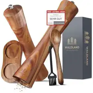 Waldland Pfeffermühle und Salzmühle aus Holz mit Untersetzer