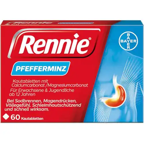 Rennie Pfefferminz gegen Sodbrennen und Magenbeschwerden, 60 Kautabletten