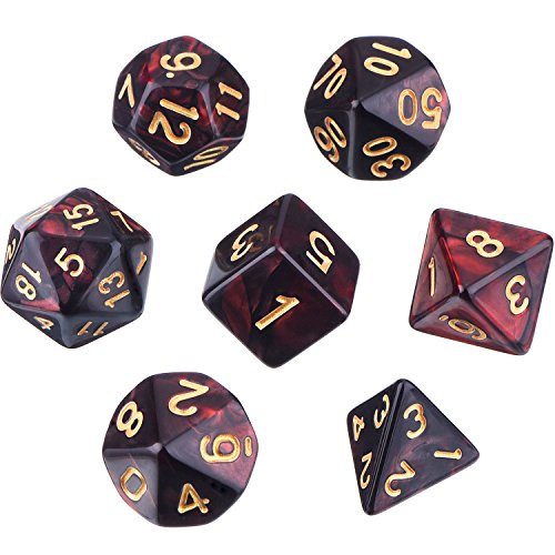 DnD Würfel Set Polyedrisch 7-teilig mit Schwarz-Rotem Beutel
