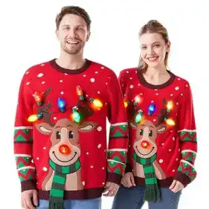 Weihnachtspullover für Damen mit LED-Beleuchtung und Rentier-Muster