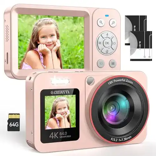 Digitalkamera Deatti 4K 64MP mit Dual-Screen und 64GB SD-Karte