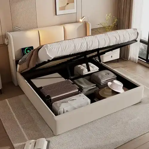 Bett 160×200 cm Kayan Polsterbett mit Leselicht und USB-Ladefunktion