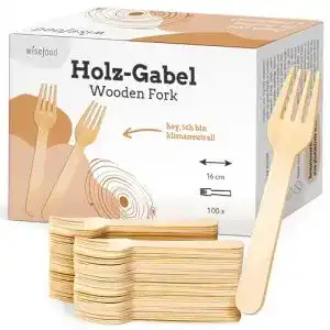 Einweggabeln aus Birkenholz von Wisefood, 100 Stück