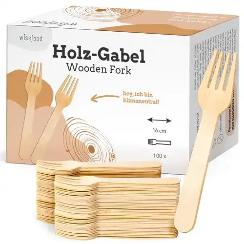 Einweggabeln aus Birkenholz von Wisefood, 100 Stück