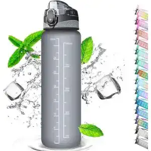 Trinkflasche Auckpure 1L mit Strohhalm und Zeitmarkierungen