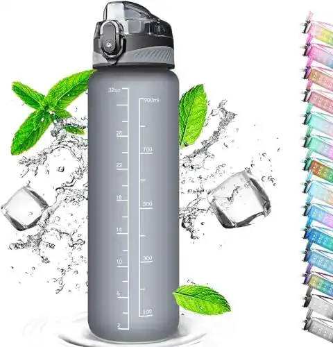 Trinkflasche Auckpure 1L mit Strohhalm und Zeitmarkierungen