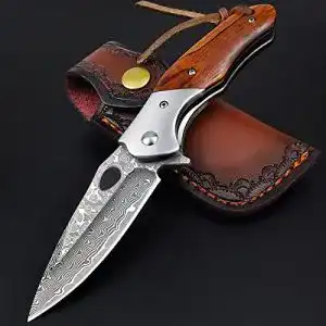 Damast Taschenmesser mit Damaststahl Klinge und Holzgriff