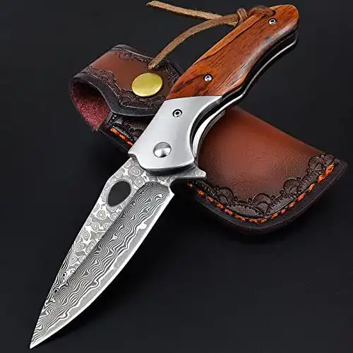 Damast Taschenmesser mit Damaststahl Klinge und Holzgriff