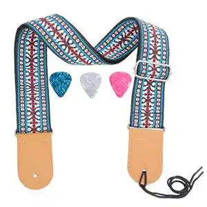 Gitarrengurt Rufun Retro Jacquard Weave mit einstellbarer Länge und 3 Picks