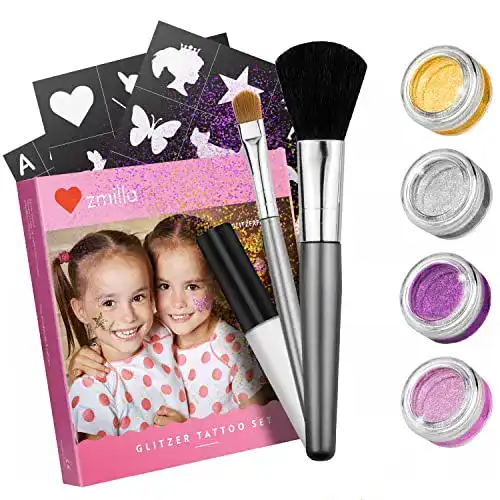 Glitzer Tattoo Set für Kinder mit 4 Farben und 52 Schablonen
