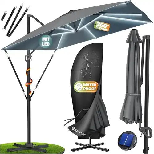 Sonnenschirm mit Kurbel und Solar LED Beleuchtung von Kesser