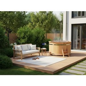 Badezuber Finntherm Holz Badefass Bergen mit Edelstahl-Ofen und Leiter