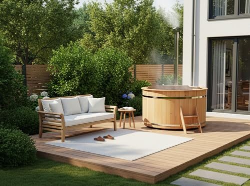 Badezuber Finntherm Holz Badefass Bergen mit Edelstahl-Ofen und Leiter