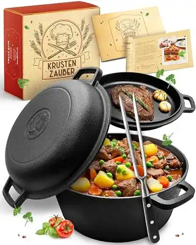 Dutch Oven Gusseisen Topf mit Fleischgabel – 26 cm Bräter für alle Herdarten