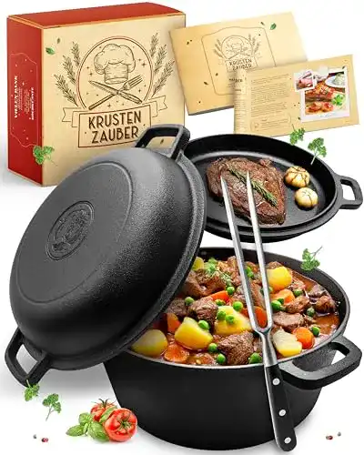 Dutch Oven Gusseisen Topf mit Fleischgabel – 26 cm Bräter für alle Herdarten