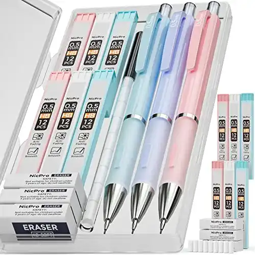 Druckbleistift Set Nicpro mit 3 pastellfarbenen 0,5 mm Stiften