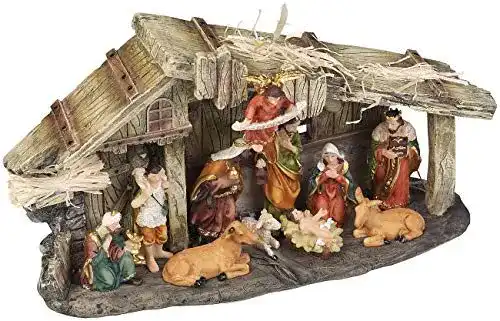 Weihnachtskrippe aus Polyresin mit handbemalten Figuren