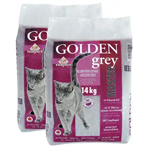 Katzenklumpstreu Pet-Earth Golden Grey Master mit Babypuderduft 2×14 kg