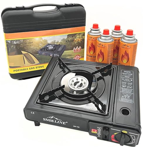 Camping Gaskocher TW24 mit Grillplatte und 4 Gaskartuschen