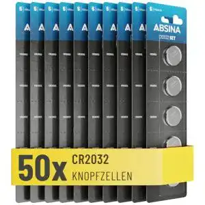 CR2032 ABSINA Knopfzellen 3V 50er Pack – Auslaufsichere Batterien