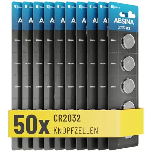 CR2032 ABSINA Knopfzellen 3V 50er Pack – Auslaufsichere Batterien