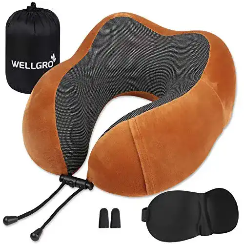 Aufblasbares Nackenkissen von WELLGRO mit 3D Schlafmaske und Ohrstöpseln