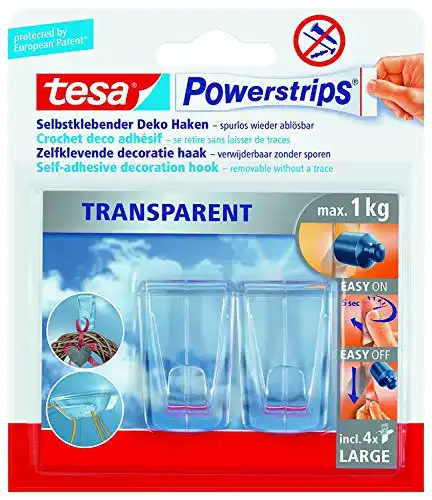 Tesa Powerstrips Deco Haken Large, transparente Haken für bis zu 1 kg