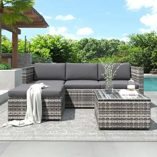 Merax Polyratten Lounge Set für den Garten, 4-Sitzer Ecklounge
