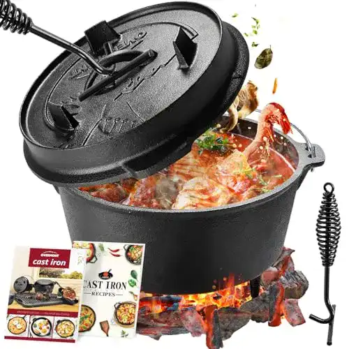 Dutch Oven Overmont Gusseisen Topf – Eingebrannter Feuertopf für Camping und Garten
