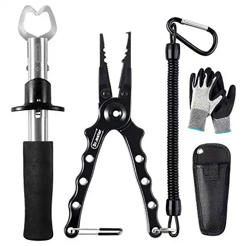 Dr.meter Angelzubehör Set mit 3 Teilen Angelzange, Fischgreifer und Handschuhe
