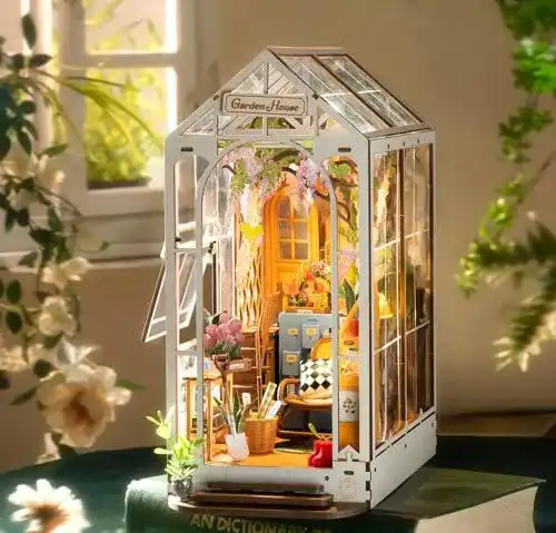 Book Nook Rowood Kit Gartenhaus DIY Buchstütze für Miniatur Diorama