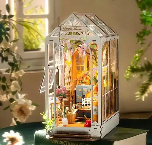 Book Nook Rowood Kit Gartenhaus DIY Buchstütze für Miniatur Diorama