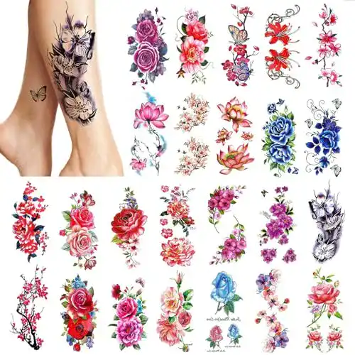 Temporäre Tattoos PHOGARY 24 Stück große Blumen für Frauen