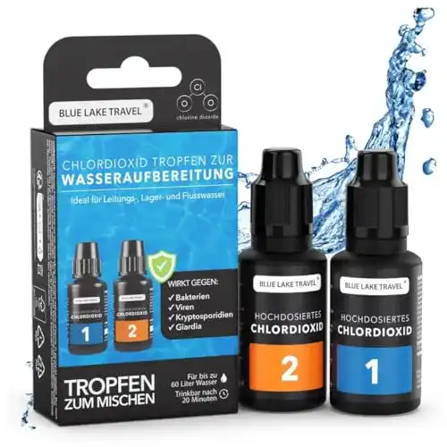 Chlordioxid Blue Lake Travel Wasseraufbereitung für Trinkwasser (60-120 Liter)