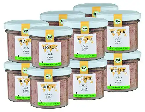 Bio-Katzenfutter mit Huhn und Reis von BIOPUR in 12x100g Packung