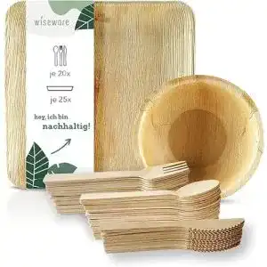 Bio-Einweggeschirr Wiseware Palmblatt Geschirrset mit 25 Teilen