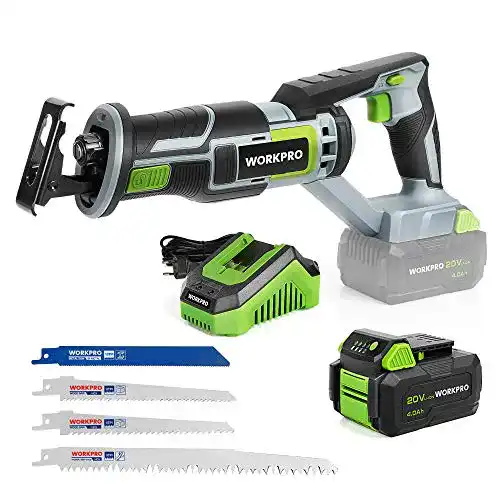Akku-Säbelsäge WORKPRO 20V mit 4 Sägeblättern und Schnellladegerät