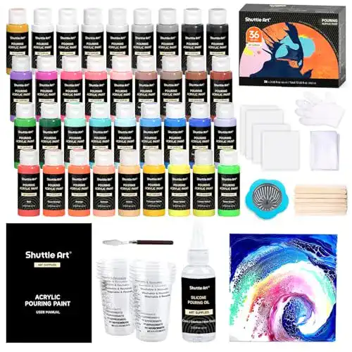 Pouring Acrylfarben Set von Shuttle Art mit 36 Farben und Zubehör
