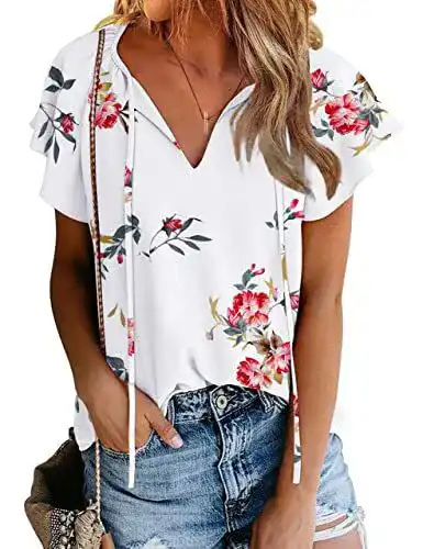 Bluse Damen Casual Floral Rüschen Kurzarm Tops mit V-Ausschnitt